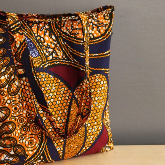 Totebag wax tissu femme coloré ethnique coton sac anses fait main handmade France unique cadeau bleu marine orange - Julie & COo