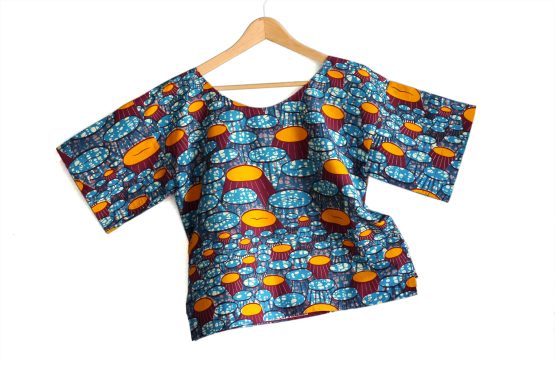 top wax haut ample tissu africain pagne fait main artisanal femme style mode été simple orange bleu graphique - Julie & COo
