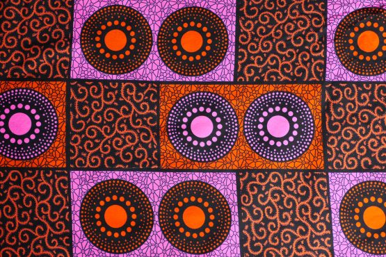 vente tissu wax au mètre original africain coton pagne carré rosaces mosaiques rose fuchsia orange noir - Julie & COo