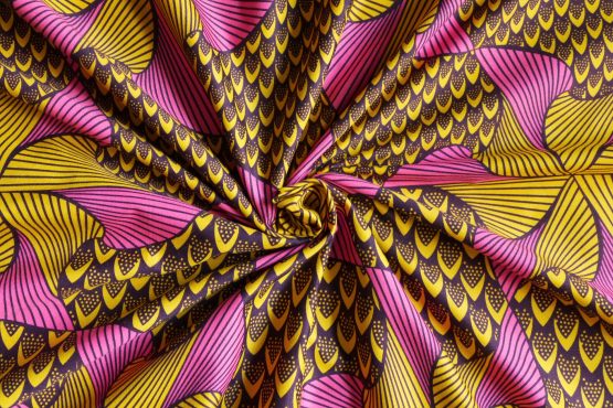 tissu wax léger fluide polycoton mètre satiné original africain pagne graphique rose et jaune - Julie & COo