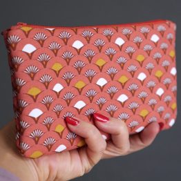 Pochette trousse étui à lunettes tissu japonais éventails graphique corail orange saumon zip accessoire sac femme couture fait main handmade original unique - Julie & COo