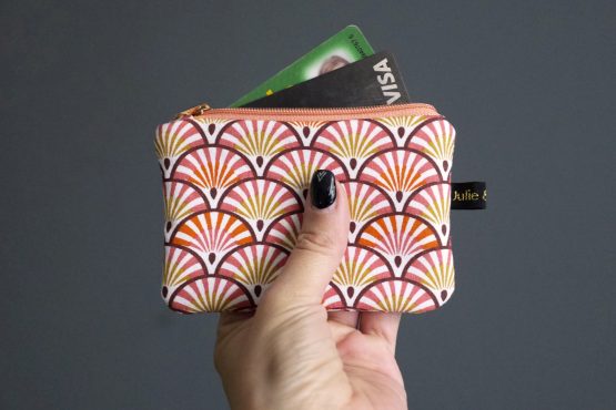 Mini porte-monnaie femme fait main tissu écailles rose jaune corail zip pochette trousse handmade carte crédit sac accessoire - Julie & COo