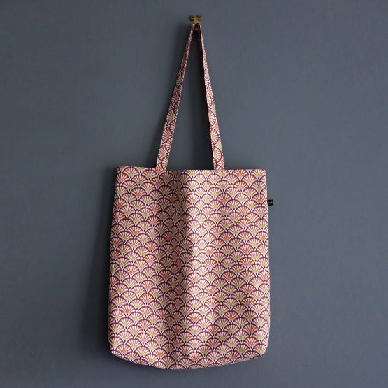 Sac tissu réversible tote bag original femme motifs japonais écailles éventails rose corail jaune automne cabas handmade - Julie & COo