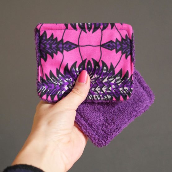 Lingettes lavables écologique réutilisable tissu wax coton éponge violet rose démaquillant femme cadeau original fait main - Julie & COo