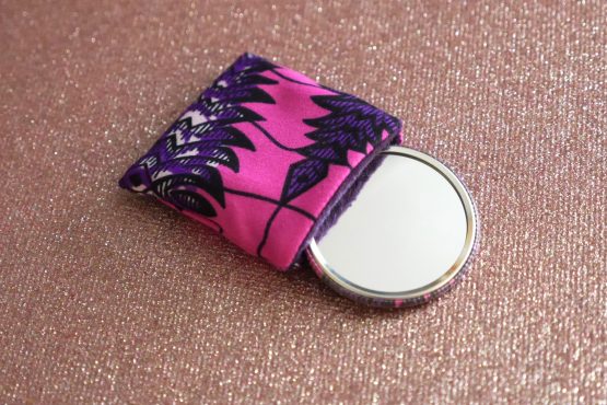 Miroir de poche tissu wax violet rose rond pocket mirror cadeau femme handmade original - Julie & COo