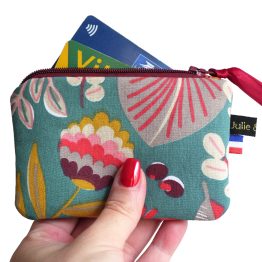 Mini porte-monnaie format carte de crédit tissu fleuri feuilles automne bleu vert zip rouge bordeaux cadeau femme unique original - Julie & COo