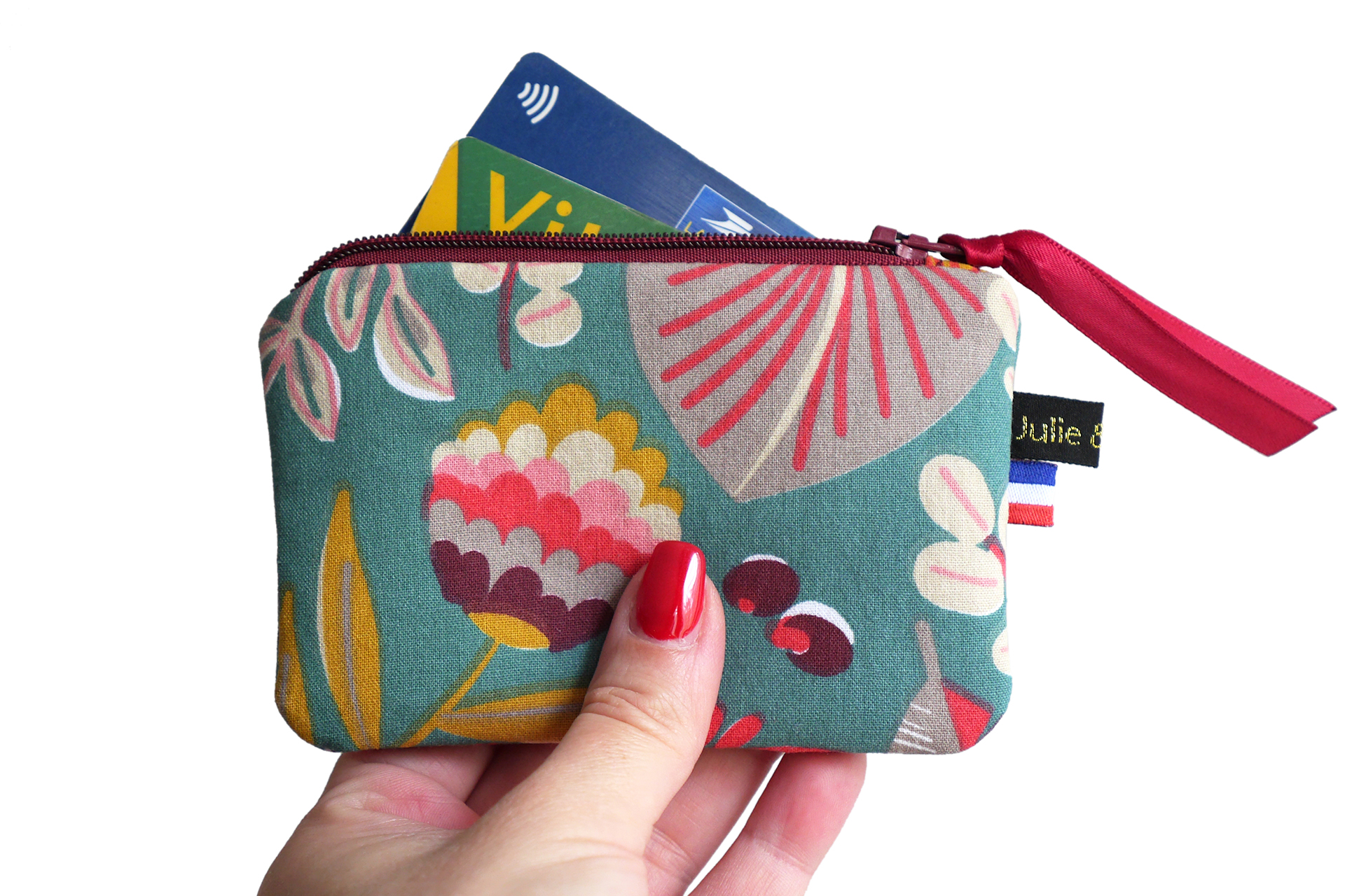 Mini porte-monnaie format carte de crédit tissu fleuri feuilles automne bleu vert zip rouge bordeaux cadeau femme unique original - Julie & COo