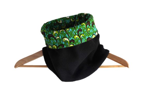 Snood wax coton motifs africain vagues vert bleu tissu réversible polaire noire fait main écharpe col tour de cou hiver unique original handmade cadeau - Julie & COo