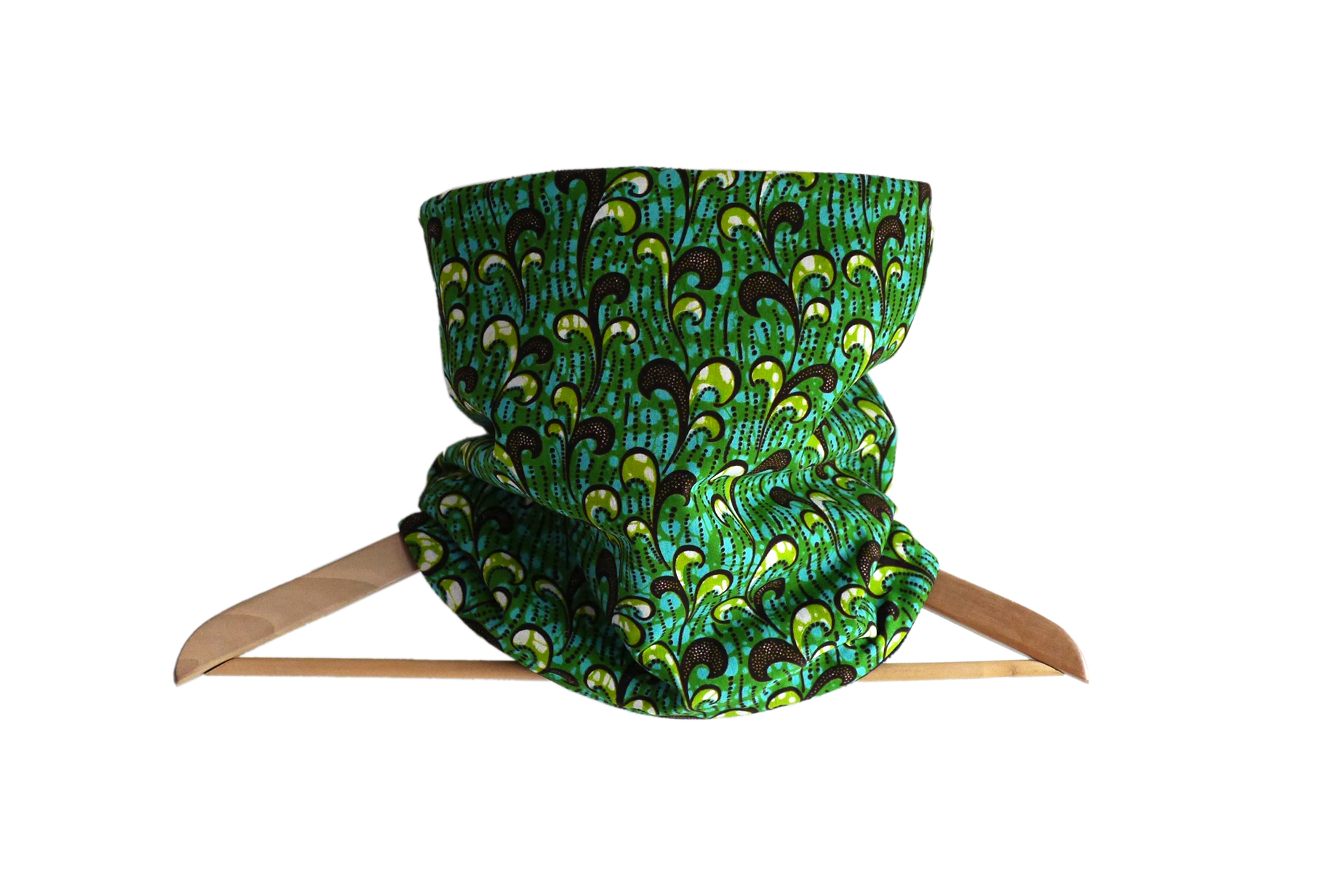 Snood wax coton motifs africain vagues vert bleu tissu réversible polaire noire fait main écharpe col tour de cou hiver unique original handmade cadeau - Julie & COo