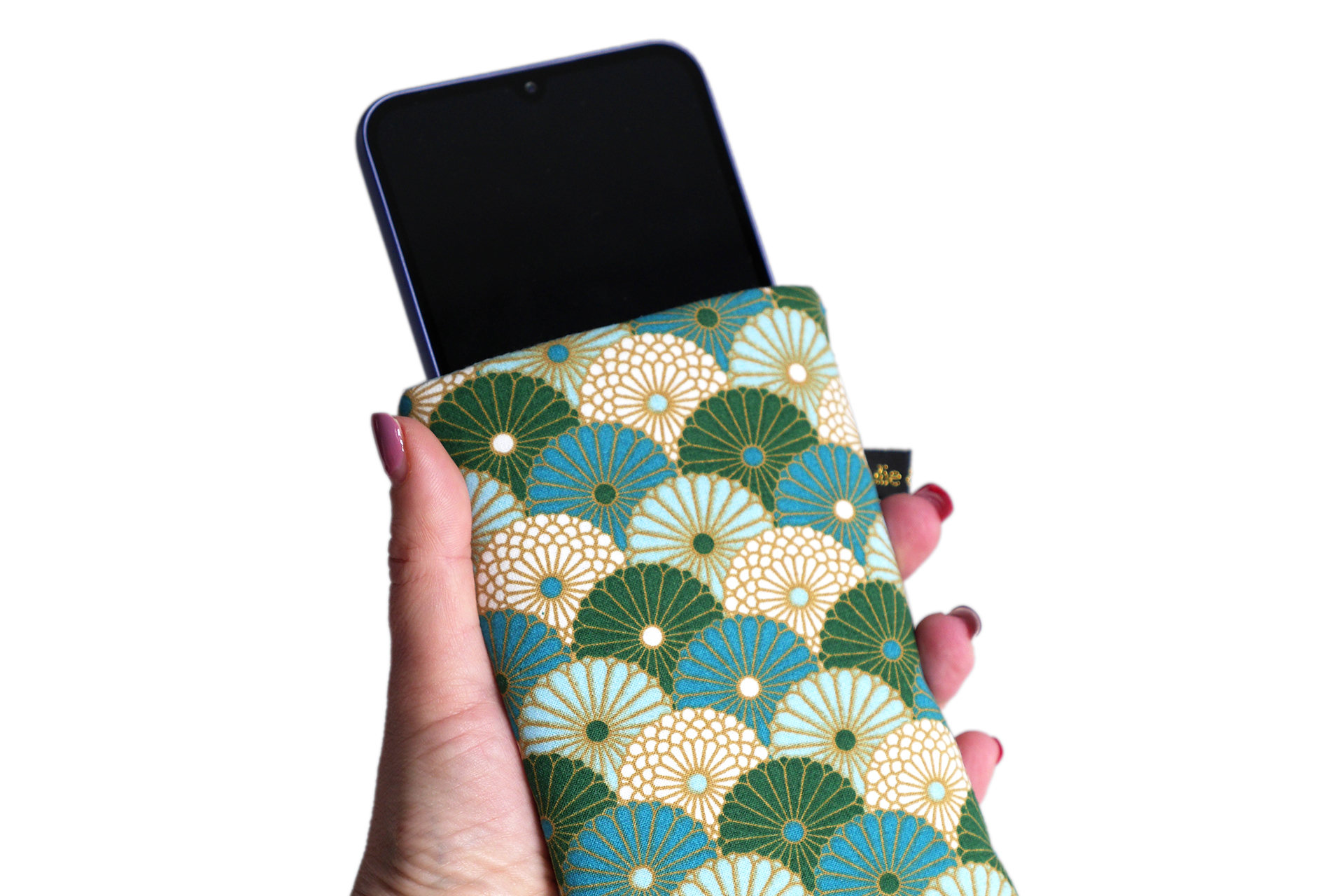 Housse téléphone chaussette tissu Hiro éventails fleurs graphique japonais bleu vert émeraude or élastique doré pochette portable iPhone Samsung fait main handmade - Julie & COo