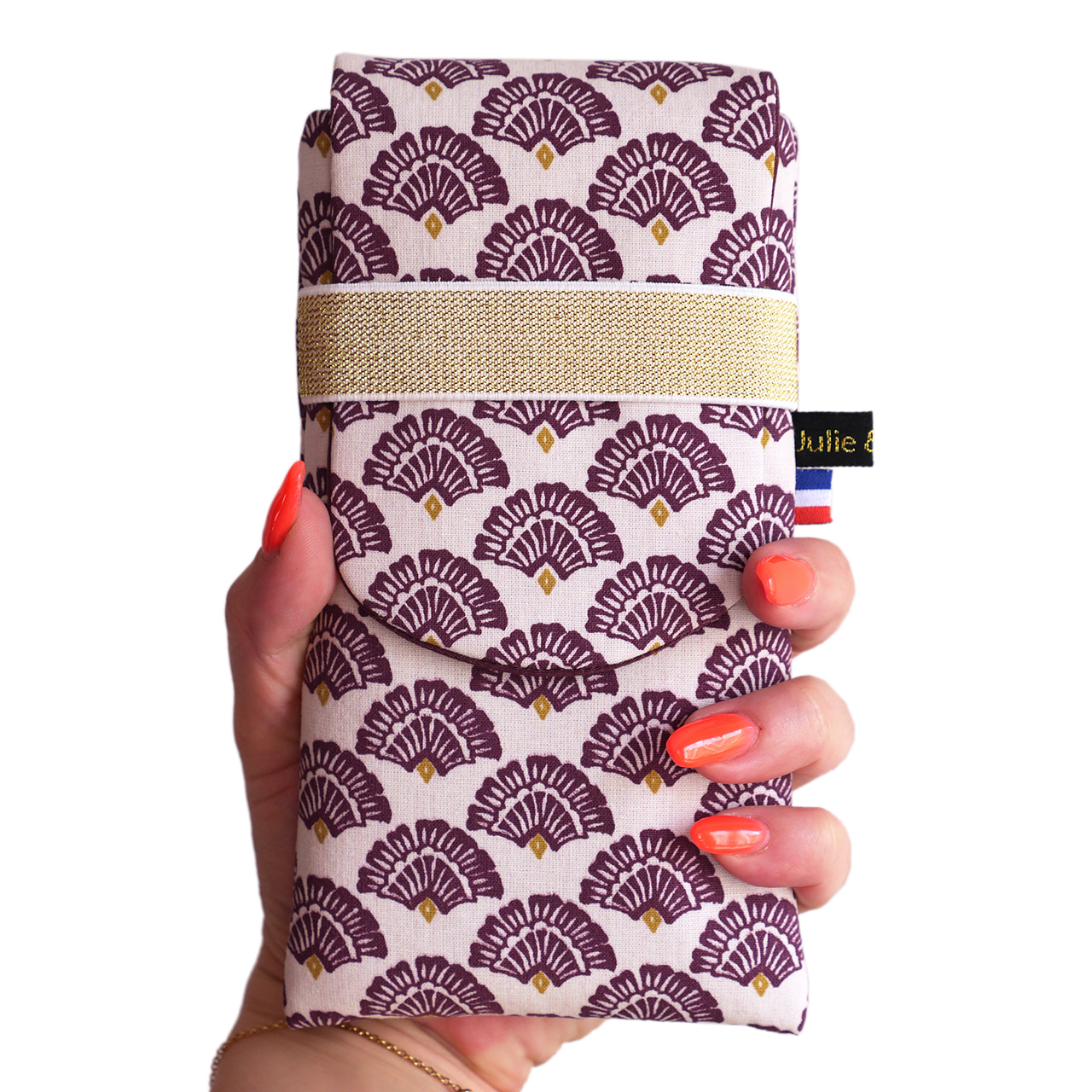 Housse téléphone iPhone Samsung tissu fait main graphique japonais éventails violet élastique or rabat pochette smartphone étui phone handmade - Julie & COo