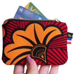 Mini porte-monnaie en tissu wax fleurs mariage étui carte africain rouge et orange zip doré fait main handmade original - Julie & COo