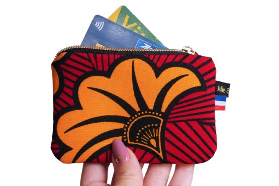 Mini porte-monnaie en tissu wax fleurs mariage étui carte africain rouge et orange zip doré fait main handmade original - Julie & COo