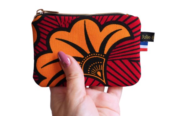 Mini porte-monnaie en tissu wax fleurs mariage étui carte africain rouge et orange zip doré fait main handmade original - Julie & COo