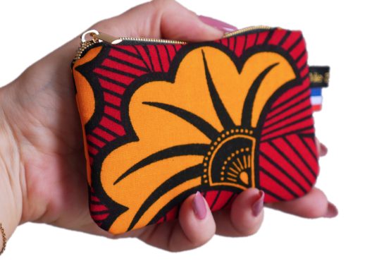 Mini porte-monnaie en tissu wax fleurs mariage étui carte africain rouge et orange zip doré fait main handmade original - Julie & COo